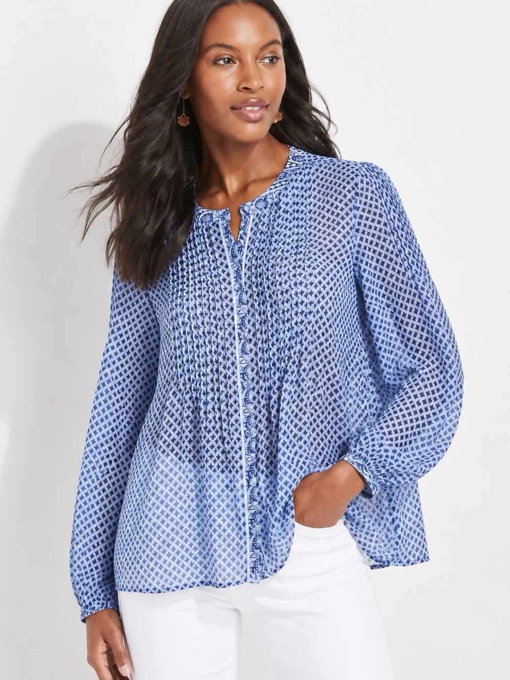 Vineyard Vines Silk Blend Little Key Pintuck Blouse Blue Women Size L